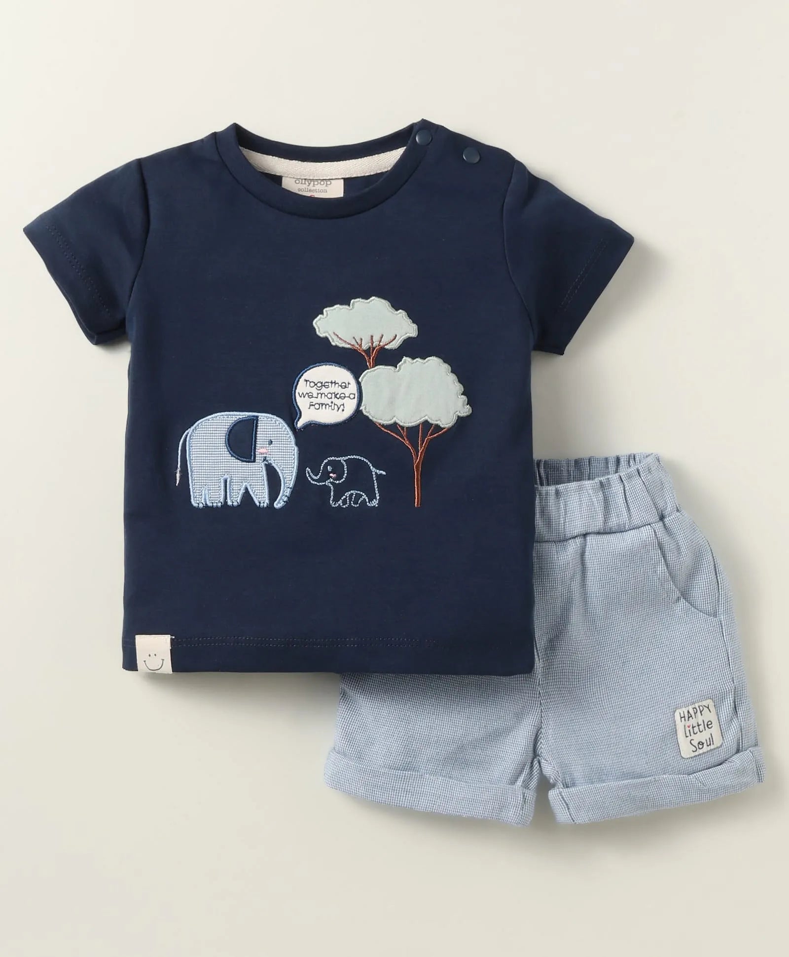 Ollypop Interlock Knit Half Sleeves T-Shirt & Short Set With Elephant Patch & Text Embroidery - Navy Blue