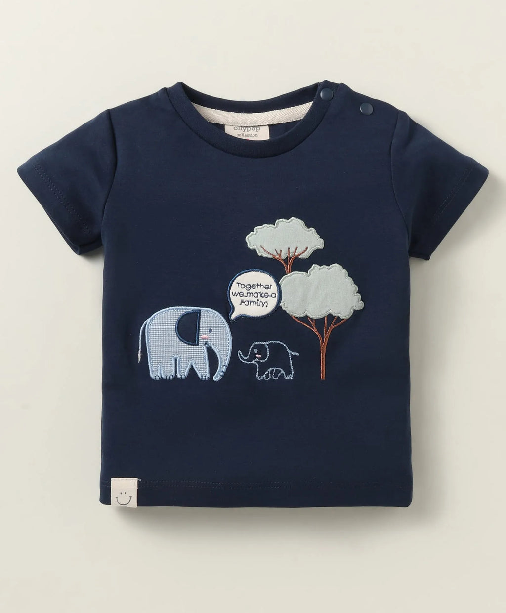 Ollypop Interlock Knit Half Sleeves T-Shirt & Short Set With Elephant Patch & Text Embroidery - Navy Blue