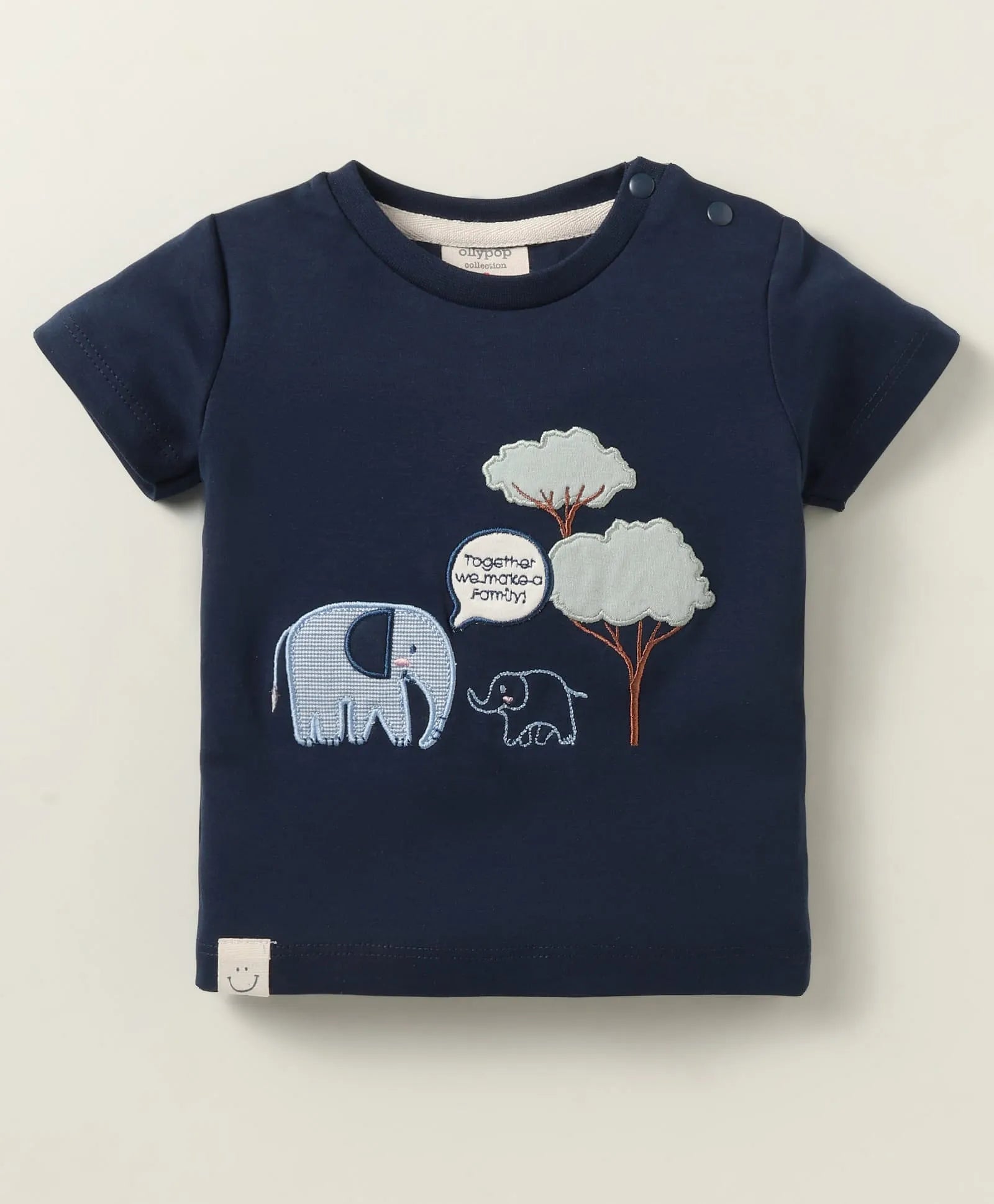 Ollypop Interlock Knit Half Sleeves T-Shirt & Short Set With Elephant Patch & Text Embroidery - Navy Blue